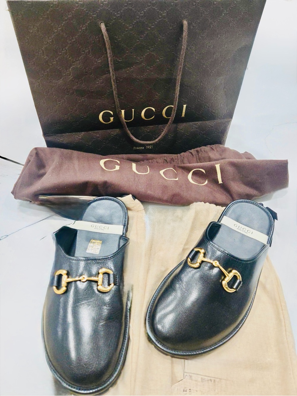 Gucci Black Leather Horsebit Backless Loafers